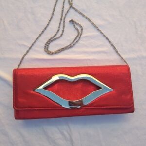 Red Lip Shaped Purse Clutch Shoulder Bag Glam Core Baddie Lovecore  Red Silver